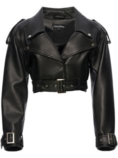 Find RETROFETE Victoria Cropped Biker Jacket on Editorialist. black leather wide notch lapels concealed front press-stud fastening epaulettes long sleeves belted cuffs belted waist cropped Black Leather Clothes, Motorcycle Clothes For Women, Motorcyclist Outfit, Formal Leather Jacket, Motorcycle Outfits For Women, Crop Leather Jacket, Jaket Motor, Jacket Art, Outfit Elegantes