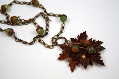 Brass maple leaf cluster necklace with green and by DaisiesNDreams Handmade Bohemian Jewelry For Fall, Handmade Dangle Jewelry For Fall, Handmade Adjustable Jewelry For Fall, Adjustable Handmade Jewelry For Fall, Acorn Caps, Lady Bugs, Cluster Necklace, Black Gift Boxes, Banded Agate