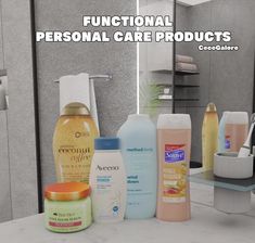 an image of personal care products displayed on a counter in front of a bathroom mirror