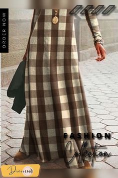 Retro Check Print Casual Long Sleeve Maxi Dress Beige A-line Maxi Dress For Fall, Chic Non-stretch Maxi Dress For Fall, Fitted Casual Maxi Dress For Fall, Chic Brown Maxi Dress For Fall, Casual Beige Maxi Dress For Fall, Casual Long Sleeve Maxi Dress For Fall, Trendy Fall Maxi Dress, Casual Brown A-line Maxi Dress, Long Sleeve Brown Maxi Dress For Spring