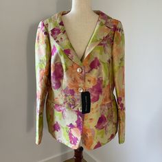 Nwt Rena Lange Multicolored Dress Jacket . * Vintage Couture Rena Lange In Perfect Condition * Falls Below Waist . * Fully Lined * Measurements Lying Flat :Armpit To Armpit 22” And Total Length 26” Formal Floral Print Outerwear For Spring, Elegant Multicolor Floral Print Outerwear, Tailored Floral Print Spring Outerwear, Tailored Floral Print Outerwear For Spring, Elegant Multicolor Spring Blazer, Elegant Multicolor Silk Outerwear, Multicolor Fitted Spring Blazer, Fitted Multicolor Spring Blazer, Spring Multicolor Fitted Blazer