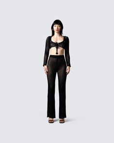 Melissa Mesmerizing Set Black Fitted Cropped Crochet Top, Black Cropped Summer Sets, Black Cropped Sets For Summer, Black Stretch Crochet Top For Party, Chic Black Crochet Top For Night Out, Black Chic Crochet Top For Night Out, Fitted Black Crochet Top For Party, Crochet Pants Outfit, Black Crochet Pants