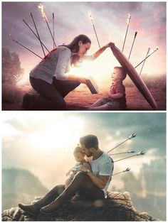 two different pictures with the same person sitting on top of each other, one is holding an arrow