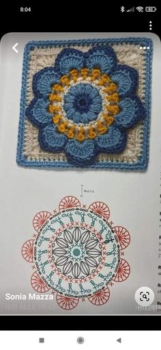 two crocheted square designs are shown in the book