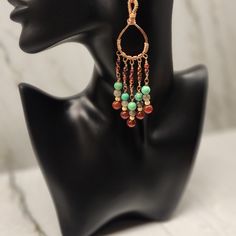 Earrings Hand Created From Copper Wire, Green Turquoise, Agates, Labrarodite And Glass Beads. Copper Beaded Dangle Earrings With Dangling Beads, Bohemian Teardrop Chandelier Earrings With Natural Stones, Copper Dangle Earrings With Natural Stones, Bohemian Chandelier Dangle Earrings With Natural Stones, Handcrafted Accessories, Green Turquoise, Earrings Color, Chandelier Earrings, Copper Wire