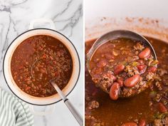 two pictures side by side, one with chili and the other with beans in it