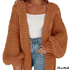 Olivia Mark - Chunky Knitted Drop Shoulder Cardigan, Casual Long Sleeve Cardigan For Fall & Winter, Women's Clothing Womens Chunky Cardigan, Oversized Sweater Coat, Resin Necklaces, How To Have Style, Slouchy Cardigan, Drop Shoulder Cardigan, Chunky Cable Knit Sweater, Oversized Sweater Cardigan, Pull Oversize