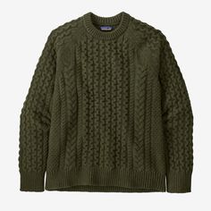 Built for cool weather, this recycled wool and recycled nylon sweater is a durable warm layer for camping or everyday wear. Mens Cable Knit Sweater Green, Cozy Outdoor Sweater, Fisherman Sweater Outfit, Dark Sweater, Design Outfit, Chunky Cable Knit Sweater, Cool Weather, Fisherman Sweater, Wool Clothing