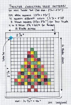 a cross stitch christmas tree is shown in the middle of a graphing sheet with an arrow