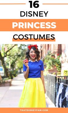 a woman wearing a princess costume with text overlay that reads 16 disney princess costumes