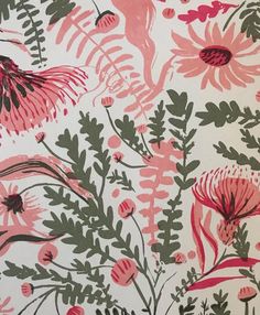 a pink and green floral wallpaper with red flowers