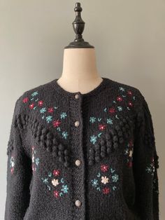 Alphorn 1980s black flowers austrian cardigan fabric: 60% wool 25% polyacryl 15% polyamide condition: good (light peeling) size: marked size 42, will best fit small or medium, please refer to measurements shoulders: 42 cm (16,5 inch) armpit to armpit: 48 cm (18,9 inch) shoulder to bottom: 62 cm (24,4 inch) sleeve length: 61 cm (24 inch) Measurements are taken seam to seam while lying flat. Make sure to check measurements carefully, compare them to a similar piece of clothing that fits you well, Austrian Cardigan, Black Flowers, Piece Of Clothing, Cardigans For Women, Sweater Outfits, Sweaters & Cardigans, 4 Inch, Sleeve Length, Clothes For Women