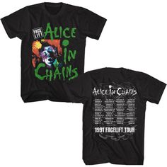 This Alice in Chains concert t-shirt is from the grunge band's 1991 Facelift Tour. Spotlighting the Alice in Chains logo and distorted face image, from the front cover of the Facelift album on the front, our men's unisex black Alice in Chains concert tee lists all of the cities where the Facelift Tour was performed, framed by the Alice in Chains logo and 1991 Facelift Tour, on the back. #aliceinchains #laynestaley #mensfashion #bandtees #rockerrags Chiodos Band, Alice In Chains Facelift, Alice In Chains Shirt, Chain Shirt, Rock N Roll Music, Alice In Chains, Boxing T Shirts, Band Shirt