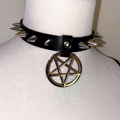 Boutique Vegan Leather Punk/Goth Choker - Nwt Silver Hardware Pentagram And Spikes Decor At Throat Adjustable Buckle Osfa Spiked Choker Aesthetic, Pentagram Choker, Spiked Choker, Character Challenge, Gothic Stuff, Emo Accessories, Goth Choker, Beaded Tassel Necklace, Jewelry Boutique