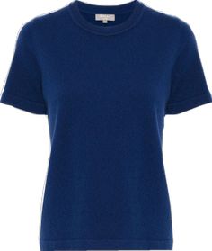 Classic Cashmere Crew Neck T-shirt, Blue Cashmere Crew Neck Top, Classic Blue Cashmere Tops, Fine Knit Short Sleeve T-shirt, Classic Crew Neck Cashmere T-shirt, Fitted Short Sleeve Cashmere Tops, Blue Cashmere Tops For Work, Fine Knit Short Sleeve T-shirt For Work, Fine Knit Cashmere T-shirt Short Sleeve