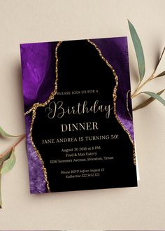 a purple and black birthday dinner party card