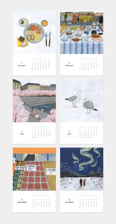 four calendars with birds and food on them, each showing different scenes from the same time