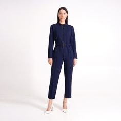 "Navy casual jumpsuit Details: - long sleeves - high neckline - front metal zipper - slim fitted silhouette - two front pockets - pencil pants - elastic waist belt with metal buckle Fiber: jersey - viscose 80%, elastane-5%, polyester -15%. Color: Navy or Black For Size 36 EU / 2 US: inner leg - 29\" (74 cm) You may feel free to choose the size. Just send us your measurements (bust, waist, hips, height).  We will define your correct size." Elegant Long Sleeve Winter Jumpsuits And Rompers, Elegant Winter Jumpsuits And Rompers With Long Sleeves, Elegant Winter Jumpsuits And Rompers For Work, Elegant Winter Workwear Jumpsuits And Rompers, Winter Workwear Long Sleeve Jumpsuits And Rompers, Long Sleeve Jumpsuit Formal, Jumpsuit Formal, Dressy Jumpsuits, Jumpsuit For Wedding Guest