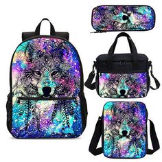 Wolf Galaxy Kids Large School Backpack Insulated Lunch Bag Pen Bag Sling Bag Lot  | eBay Large Capacity Bags For Outdoor And Back To School, Casual Backpack Lunch Bag For Travel, Large Capacity Outdoor Bags For Back To School, Casual Backpack Style Lunch Bag For Travel, Casual Backpack Lunch Bag For Back To School, Black Outdoor Bag For End Of School Year, Trendy Outdoor Bags For Back To School, Back To School Satchel For Outdoor Use, Multicolor Laptop Bags For Back To School