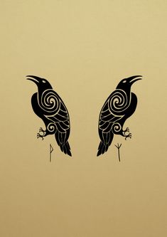 two black birds sitting next to each other on top of a yellow wall with spiral designs