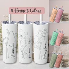 four different colored tumblers with flowers on them and the words, elegant colors are shown