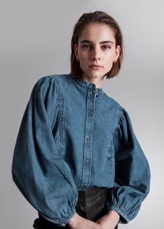 Puff-Sleeve Blouse - Mid Blue - Blouses - & Other Stories US Kemeja Denim, Big Sleeves, Denim Day, Satin Blouses, Denim Blouse, Puff Sleeve Blouse, Fashion Story, Blue Blouse, Denim Top