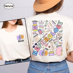 a woman wearing a t - shirt with the word hello kitty on it and various icons