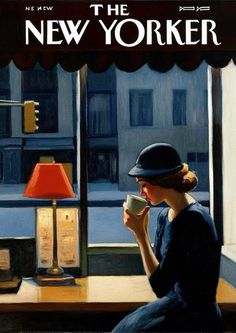 a painting of a woman sitting at a window sill drinking from a coffee cup