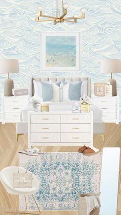 a bedroom with white furniture and blue wallpaper on the walls is featured in this rendering