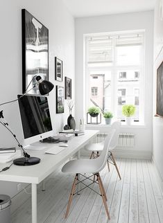 two pictures of a home office with white walls and wood flooring, one has a computer on the desk