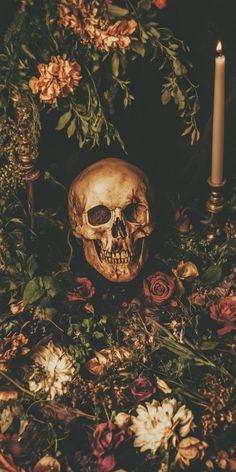 a skull sitting on top of a lush green field next to a candle and flowers