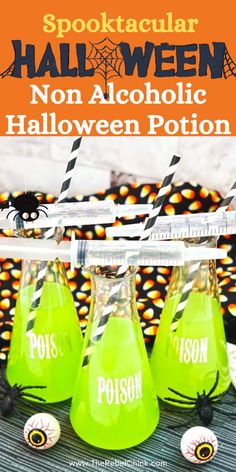 neon green halloween bottles with black and white striped straws in them on a table