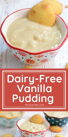 dairy - free pudding in small bowls with text overlay