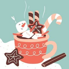 a cup filled with candy canes, marshmallows and a snowman