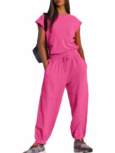 PRICES MAY VARY. 【Material】The One Piece Jumpsuits is made by 68%cotton+27%polyester+5%elastane. It's skin friendly and breathable, keep you cool and comfortable during sports and daily wear, perfect for summer wear. 【FEATURES】Breathable design, billowy legs in a soft terry fabrication, crew-neckline, short sleeve silhouette with dropped armholes, cinched waist with adjustable drawstring, pockets for hands, cinched bottom hemlines, cutout at back with a snap-button closure. 【Occasion】The casual Workout Onesie, Yoga Party, Sleeveless One Piece, Outfit Workout, Lounge Jumpsuit, Jumpsuits Women, Sleeve Silhouette, Loose Jumpsuit, Jumpsuit Outfit