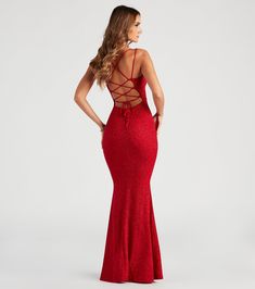 Rachel Formal Glitter Lace-Up Dress Long Red Hoco Dress, Unique Red Prom Dresses, Open Back Prom Dress Fitted, Red Prom Dress Fitted, Long Red Dress Formal, Red Formal Dress Long, Glitter Long Dress, Red Prom Dresses Long, Formal Red Dress