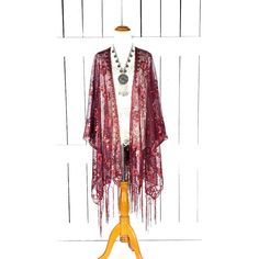 Red Sheer Net Sequin Floral Kimono Cover Up Fringe Jacket Measurements...Taken Flat -Size: One Size -Width Seam To Seam: 46" -Length With Fringe: 40" Features - Lightweight Sheer Net -Accented With Red Sequins -Gorgeous Floral Design -Scalloped Edges -Bohemian Gypsy Oversized Flowing Style -Generous Arm Holes Fitted Red Bohemian Kimono, Red Bohemian Kimono For Fall, Fitted Red Outerwear For Festival, Red Bohemian Festival Outerwear, Red Bohemian Outerwear For Festival, Fitted Red Kimono For Spring, Red Long Bohemian Outerwear, Long Red Bohemian Outerwear, Red Festive Outerwear For Fall