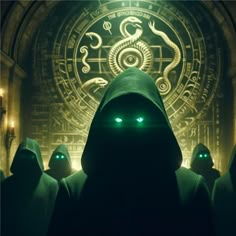 a group of people in hooded clothing with green eyes