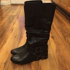 Arizona Jean Co. Black Boots Size 6.5 Never Worn Black Synthetic Boots With Buckle Closure, Black Wide Calf Mid-calf Boots With Buckle Closure, Black Wide Calf Mid-calf Boots With Buckle, Casual Black Faux Leather Mid-calf Boots, Black Knee-high Moto Boots Medium Width, Casual Black Boots With Buckle Closure, Black Mid-calf Boots With Flat Heel, Medium Width, Black Boots With Wide Calf Flat Heel, Casual Black Moto Boots Medium Width