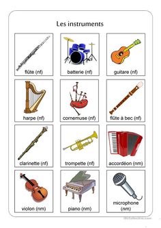 an image of musical instruments in french with pictures on the front and back side,