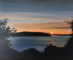 a painting of the sun setting over water