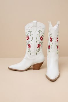 The adorable essence of the Billini Allison White Embroidered Mid-Calf Western Boots will have everyone appreciating your sweet sense of style! Smooth faux leather shapes these too-cute boots with a pointed-toe upper, a seamed vamp, and a 9.5"" mid-calf shaft with a 14"" circumference. Scalloped detailing and delicate floral embroidery accent throughout, while pull tabs at the instep and outstep of the curved topline allow for easy on-and-off. Stacked wood-look block heel. Available in whole siz White Floral Boots, Spring Embroidered White Boots, Spring White Embroidered Boots, Spring Floral Embroidered Closed Toe Boots, Spring Floral Embroidery Closed Toe Boots, White Embroidered Boots For Fall, White Snip Toe Boots For Spring, White Embroidered Pointed Toe Boots, Trendy Embroidered Summer Boots