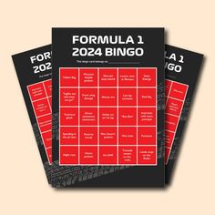 two red and black flyers with the words formula 1 for 2020 bingo on top of them