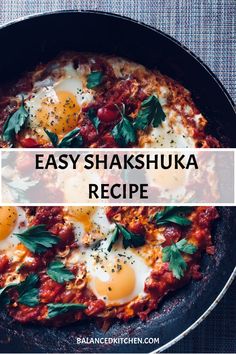 an easy shakshuka recipe in a skillet with two eggs on top