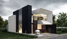 an architectural rendering of a modern house with black and white accents, including the front entrance