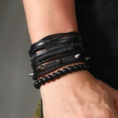 4pc Black Spike Cuff Bracelet Beads Wrist Rock Edgy Pu Leather Goth Grunge Punk Brand New In Original Package No Tags Attached Punk Goth Style Spike Wrist Cuff Bracelet Tie Closure Silver Tone Metal Faux Leather Color: Black ***Check Out My Other Great Items*** Bundle & Save $$$ On Shipping (T3z104) Tags Home, Country ,Collectable, Vintage, Figurine ,Office, Boho, Hippie, Stylish, Gift, Fashion, Surfer, Vacation, Beach, Unisex, Vegan, Minimalist, Western, Southwest, Native, Mid Century, Retro, C Black Rock Style Wristband As Gift, Mens Bracelet Stack, Adjustable Black Punk Beaded Bracelets, Black Rock Style Bracelet For Gift, Adjustable Black Beaded Punk Bracelets, Black Rock Style Bracelets For Party, Black Rock Wristband For Party, Rock Style Black Wristband For Parties, Edgy Silver Bracelets With Black Band