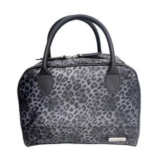 a black and grey leopard print handbag on a white background