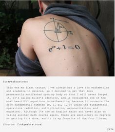 the back of a man's shoulder with a tattoo that reads, this was my first tattoo it's always had a love for math