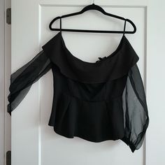 Fancy Blouse Good Fabric Off-shoulder Top With Sheer Sleeves For Party, Chic Black Party Blouse, Off-shoulder Top With Sheer Sleeves For Evening, Black Off-shoulder Top For Date Night, Elegant Black Off-shoulder Blouse, Chic Black Blouse With Sheer Sleeves, Black Tops With Sheer Sleeves For Date Night, Chic Black Blouse For Date Night, Chic Off-shoulder Blouse For Date Night