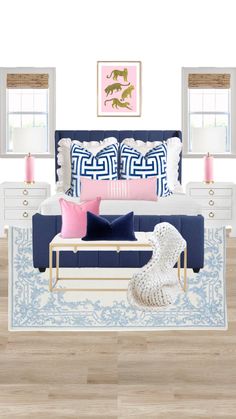 a living room filled with furniture and pillows on top of a hard wood flooring